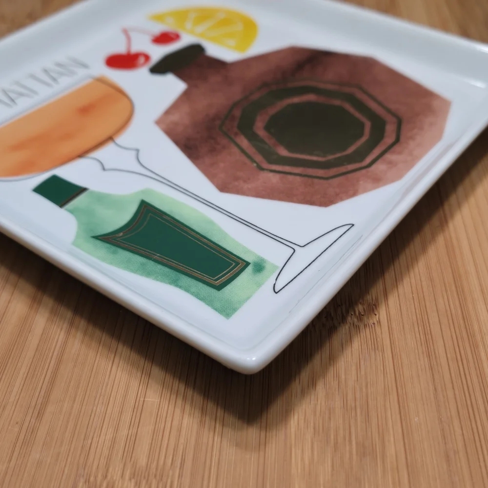Crate & Barrel Manhattan Recipe Plate Trinket Dish Appetizer, recipe on back